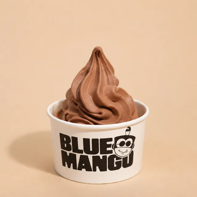 Belgian Chocolate frozen yogurt swirl in a Blue Mango cup