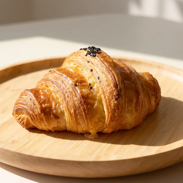 Cheese croissant with black sesame on a wooden plate