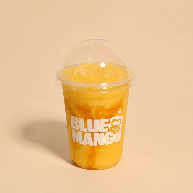 Mango smoothie in a Blue Mango cup