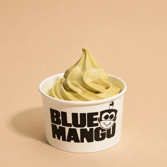 Pistachio frozen yogurt swirl in a Blue Mango cup