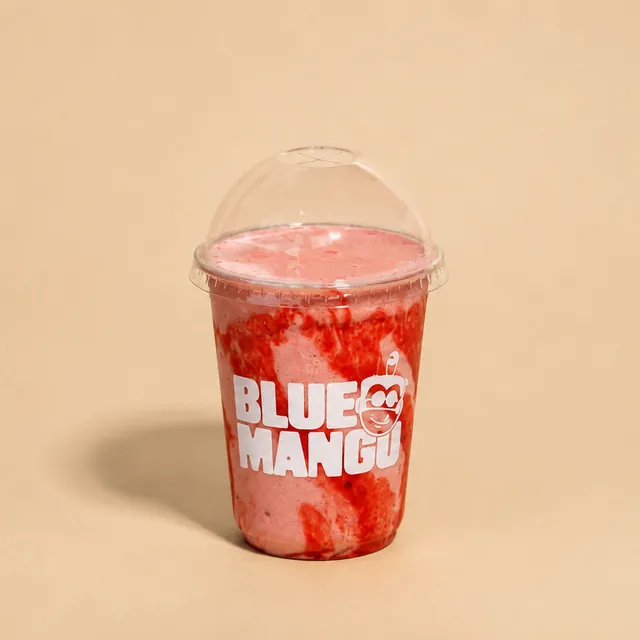 Strawberry smoothie in a Blue Mango cup